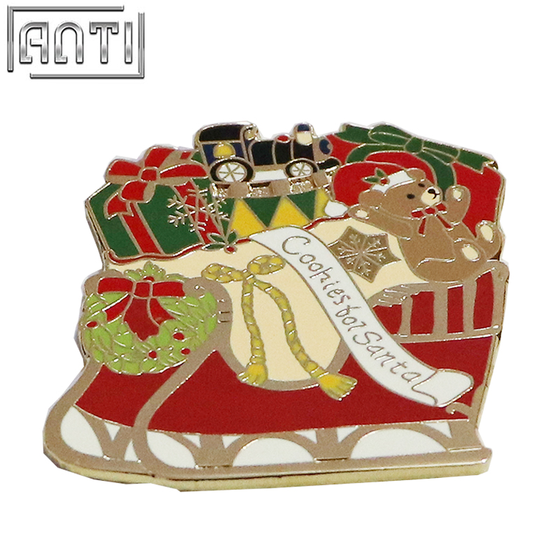 Unique Quality College Design Style Cartoon shape Cute red Santa Claus Christmas sleigh Zinc Alloy hard enamel Lapel Pin 