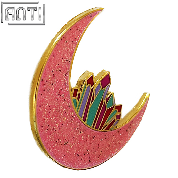 Bulk Beautiful Pink Moon Design Pin Cartoon Moon And Colored Diamonds Pink Glitter Gold Metal Hard Enamel Badge For Lovers Gift