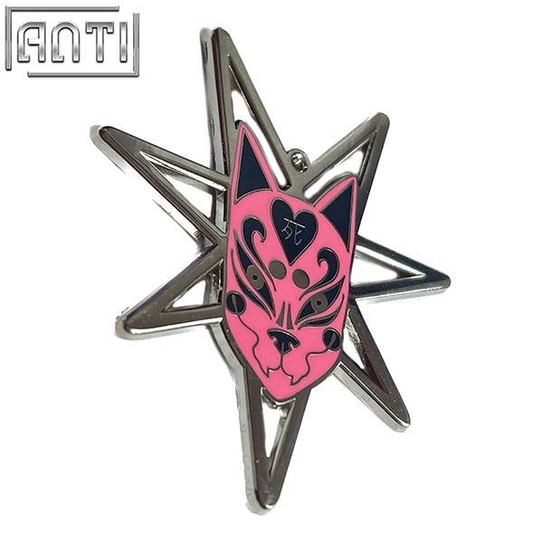 Custom Pink Japanese Fox Mask Design Lapel Pin High Quality Seven Pointed Star Hollow Necklace Silver Metal Hard Enamel Badge 