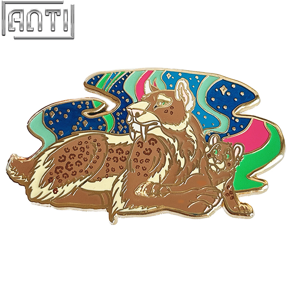 Custom Cartoon Leopard Mother And Leopard Baby Lapel Pin Colorful Starry Sky Background Hard Enamel Gold Metal Badge For Gift