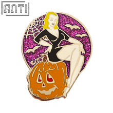 Custom A Beautiful Witch With Yellow Hair Lapel Pin Art Excellent Design Purple Glitter Silver Metal Cartoon Hallowmas Badge