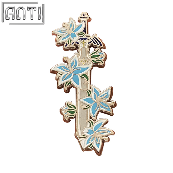 Custom Cartoon Blue Lilies Beautiful Cool Swords Lapel Pins Unique College High Quality Silver Metal Hard Enamel Badge For Gift