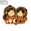 Custom Cartoon Characters In Chinese Style Lapel Pin Art Excellent Design Couples Get Married Red Glitter Hard Enamel Badge