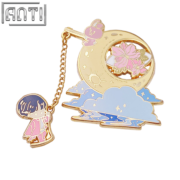 Custom Cartoon Dream Moon Lapel Pin Pink Bunny Fishing Chain South Korea\'s Handsome Stars Hard Enamel Gold Metal Badge For Gift