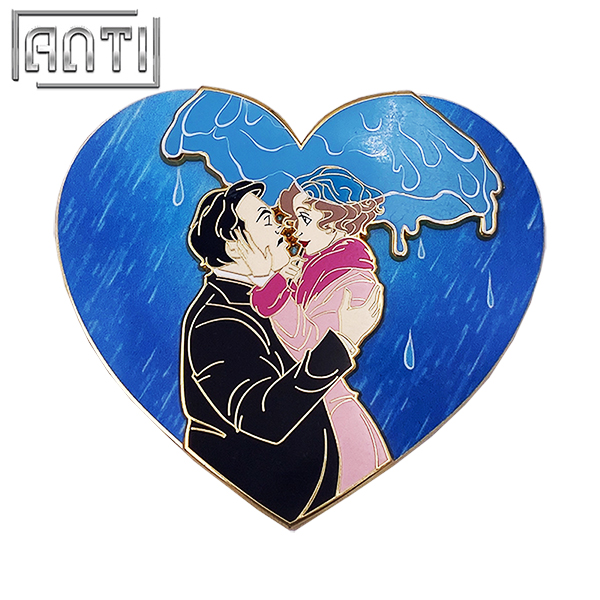 Custom Cartoon For Couples Lapel Pin Large Blue Heart Shape Hard Enamel White Print Gold Metal Badge For Clothes Bag Gift