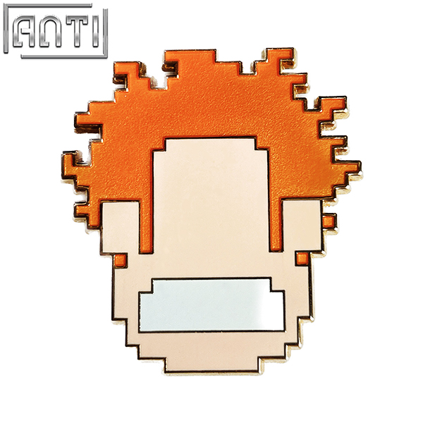 Custom Cartoon Pixel Portrait Design Lapel Pin Orange Transparent Funny And Cute Big Head Hard Enamel Gold Metal Badge For Gift