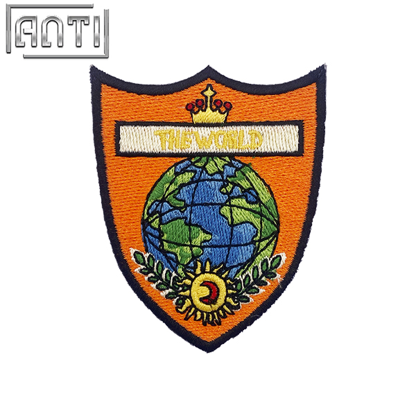 Custom Orange Shield Earth Pattern Embroidery Boutique Art Excellent Design Corporate Logo Embroidery Applique For Girls Gift