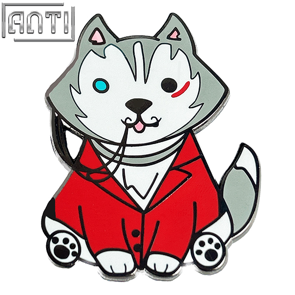Custom Cute Cartoon Dog Lapel Pin Gentleman Dog In Red Suit Zinc Alloy Hard Enamel Supplier Black Nickel Metal Badge For Gift