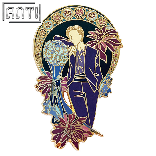 Customize Mysterious Man Lapel Pin Dreamy Purple Flowers Gold Metal Hard Enamel Cartoon Star Series Supplier Badge For Girls Gif