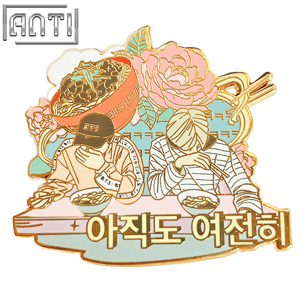 Custom Two Handsome Korean Guys At Lunch Lapel Pin Dreamily Beautiful Cartoon Background Hard Enamel Gold Metal Badge For Gift