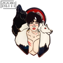Custom Cartoon Wild And Handsome Man Lapel Pin White Wolf And Red Blood Moon Red Stain Glass Hard Enamel Black Nickel Badge
