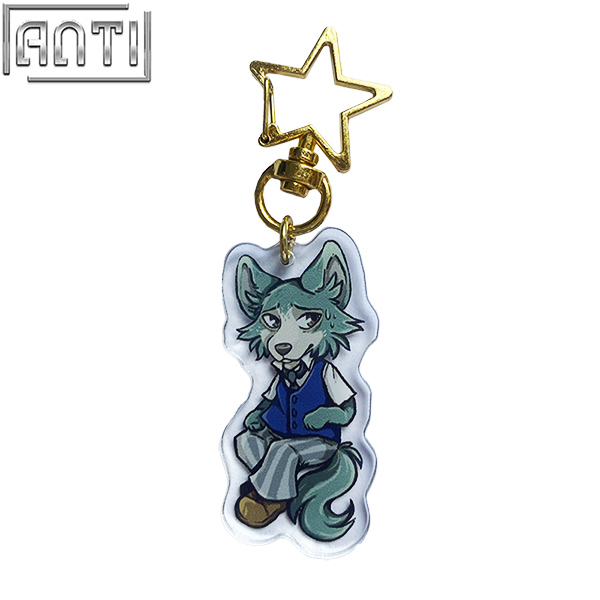 Custom Handsome Mr. Wolf Acrylic Key Ring Funny Cartoon Animal Offset Printing Stars Metal Key Ring Accessories For Gift
