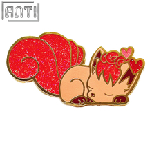Custom Beautiful cute little red fox Lapel Pin cartoon animal red Glitter Hard Enamel Supplier Hard Enamel Gold Metal Badge