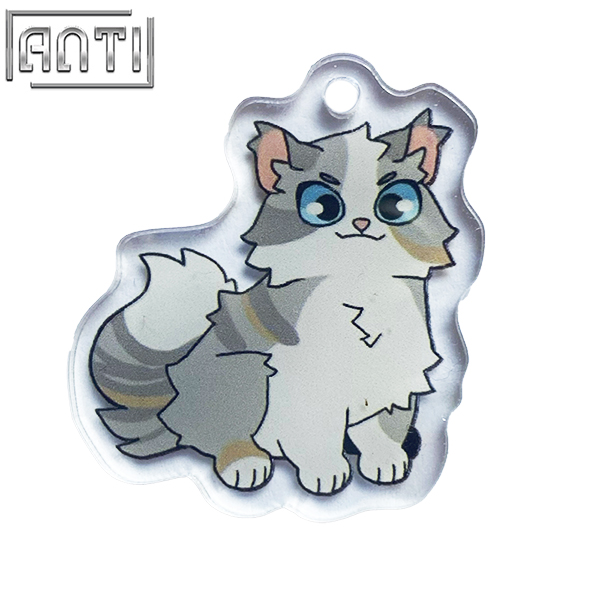 Custom Fluffy Cute White And Gray Cat Acrylic Key Ring Unique Quality College Cartoon Animal Design Offset Printing Key Ring