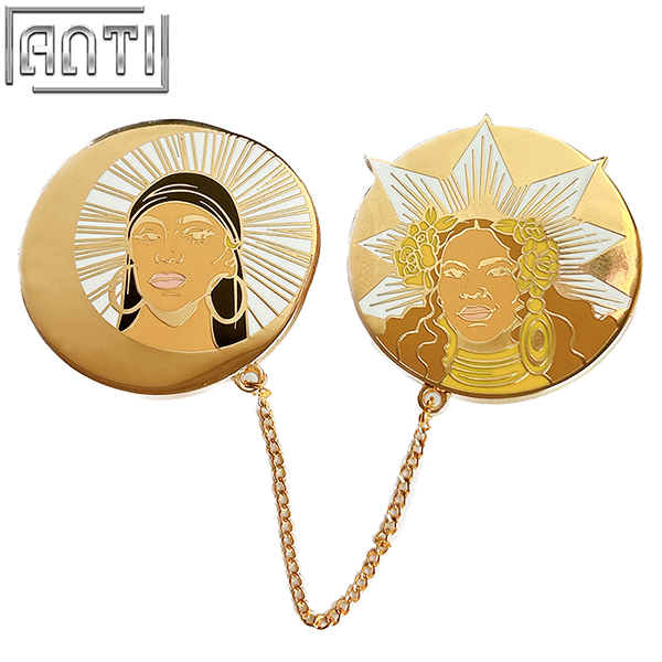 Custom The Beautiful Sun Goddess Lapel Pin High Quality Golden Circular Head Design Hard Enamel Gold Metal Badge For Gift