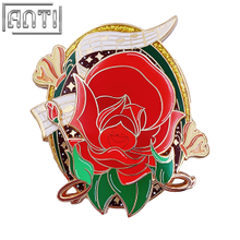 Custom Beautiful Red Roses Lapel Pin High Quality American Cartoon Film Gold Glitter Hard Enamel Gold Metal Badge For Gift