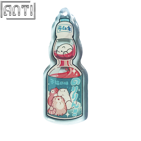 Custom Cute Blue Cat Bottle Acrylic Key Ring Art Excellent Design Anime Cartoon Animal Offset Printing Metal Key Ring For Gift