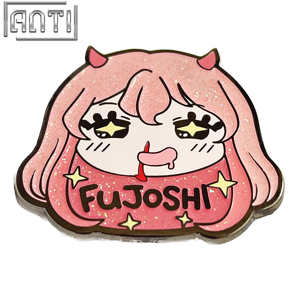 Custom Cute Girl With Pink Hair Pin Cartoon Characters With Devil Horns Pink Glitter Hard Enamel Supplier Hard Enamel Badge