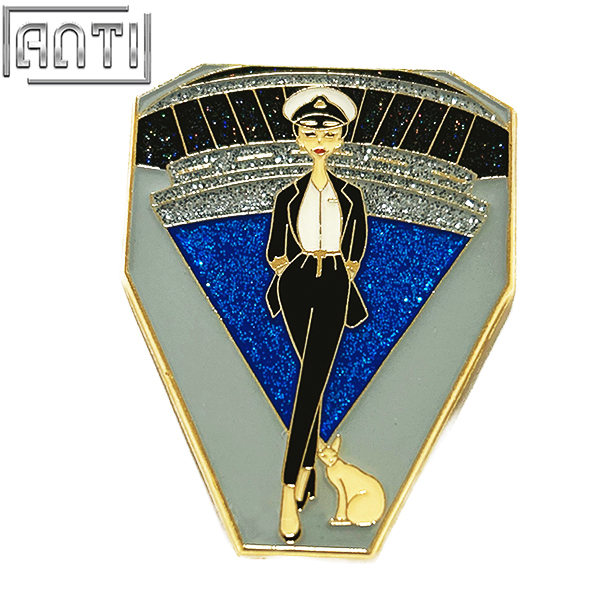 Personalized Strong City Woman Pin Sparkling Background Gold Metal Blue Silver Black Glitter Badge Make An Enamel Pin For Gift