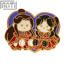 Custom Cartoon Characters In Chinese Style Lapel Pin Art Excellent Design Couples Get Married Red Glitter Hard Enamel Badge