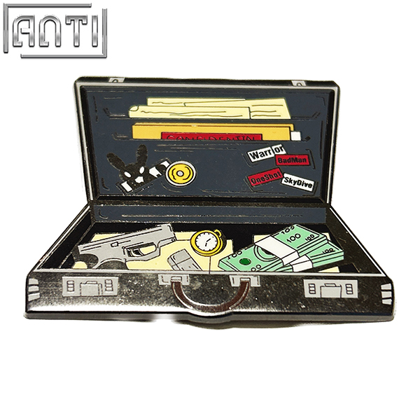 Producer Cartoon Black Suitcase Pin High Quality Anime Agent Cool Box Black Nickel Metal Badge Make An Enamel Pin For Gift