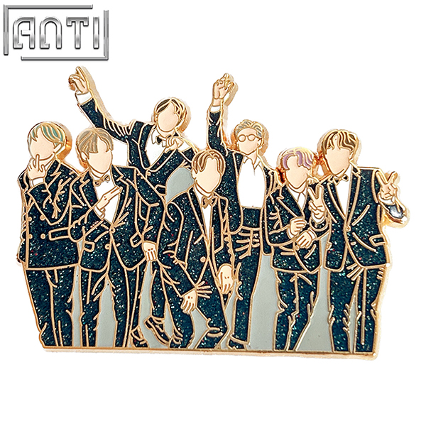 Custom Many Cartoon Handsome Men Lapel Pin Lots Of Men In Black Suits Hard Enamel Black Glitter Gold Metal Badge For Gift