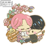 Custom Two Cute Cartoon Characters Lapel Pin Beautiful Pink Rose Cradle Background Hard Enamel Gold Metal Badge For Gift
