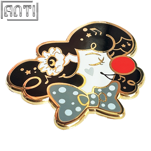 Custom Cartoon Black And White Cute Girl Lapel Pin Red Clown Nose Raised Design Hard Enamel Gold Metal Badge For Friend Gift