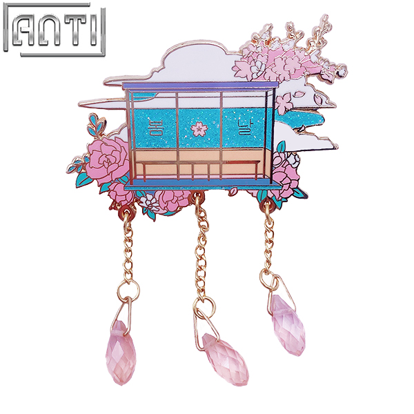 Custom Beautiful Cherry Blossom Court Lapel Pin Japanese Anime Pink Crystal Pendant Blue Glitter Hard Enamel Badge For Gift