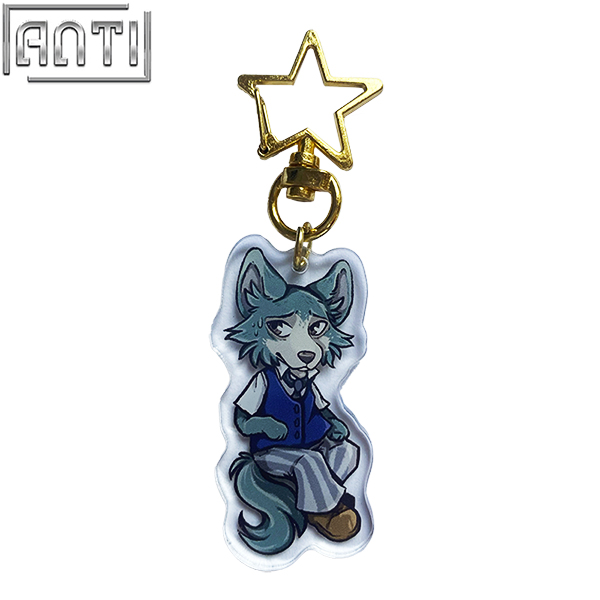 Custom Handsome Mr. Wolf Acrylic Key Ring Funny Cartoon Animal Offset Printing Stars Metal Key Ring Accessories For Gift
