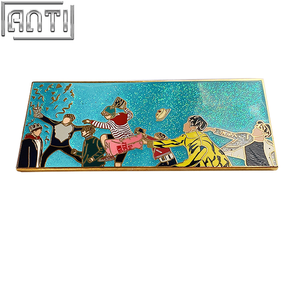 Custom Many Korean Star Cartoon Scenes Lapel Pin Rectangular Design Blue Glitter Hard Enamel Gold Metal Badge For Friend Gift